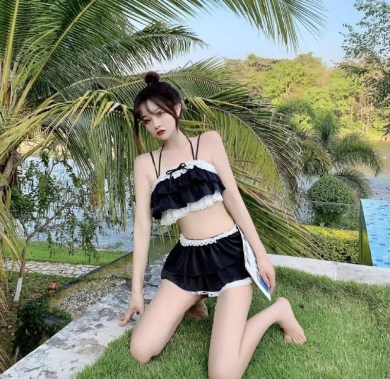 Summer Student Loose Fitting Japanese Cute Hot Spring Swimsuit Strapless Skirt Style Swimsuit Split Two-Piece Set for Women