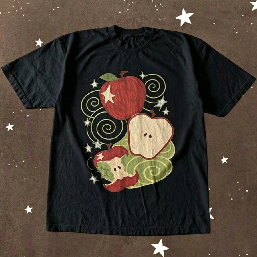 Men's Summer Retro Red Apple Bitten Fruit Print T-Shirt Unisex Cotton and Breathable Tee Men's Round Neck Oversized Short Sleeve