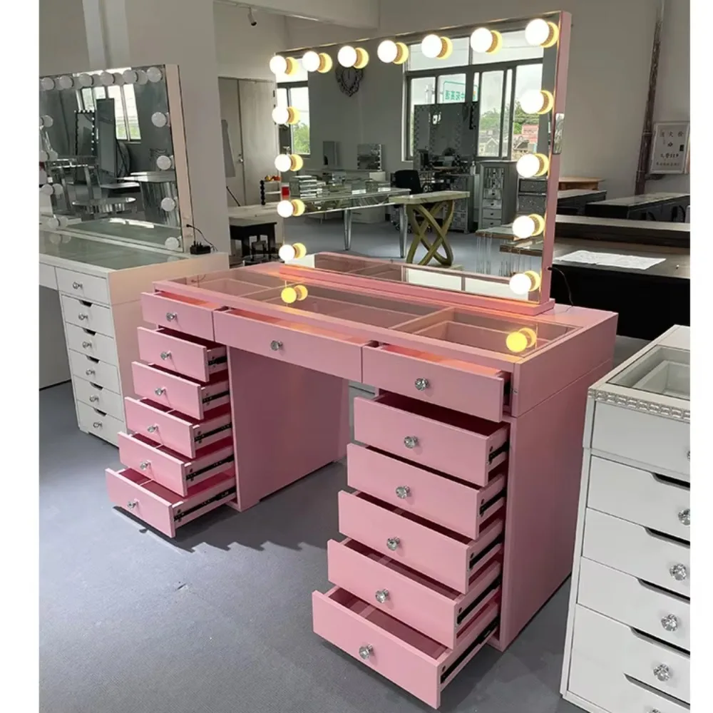 Luxury Pink Dresser Bluetooth Speaker with Led Light Makeup Mirror Vanity Table with 13 Drawers for Bedroom Sets Manufacturer