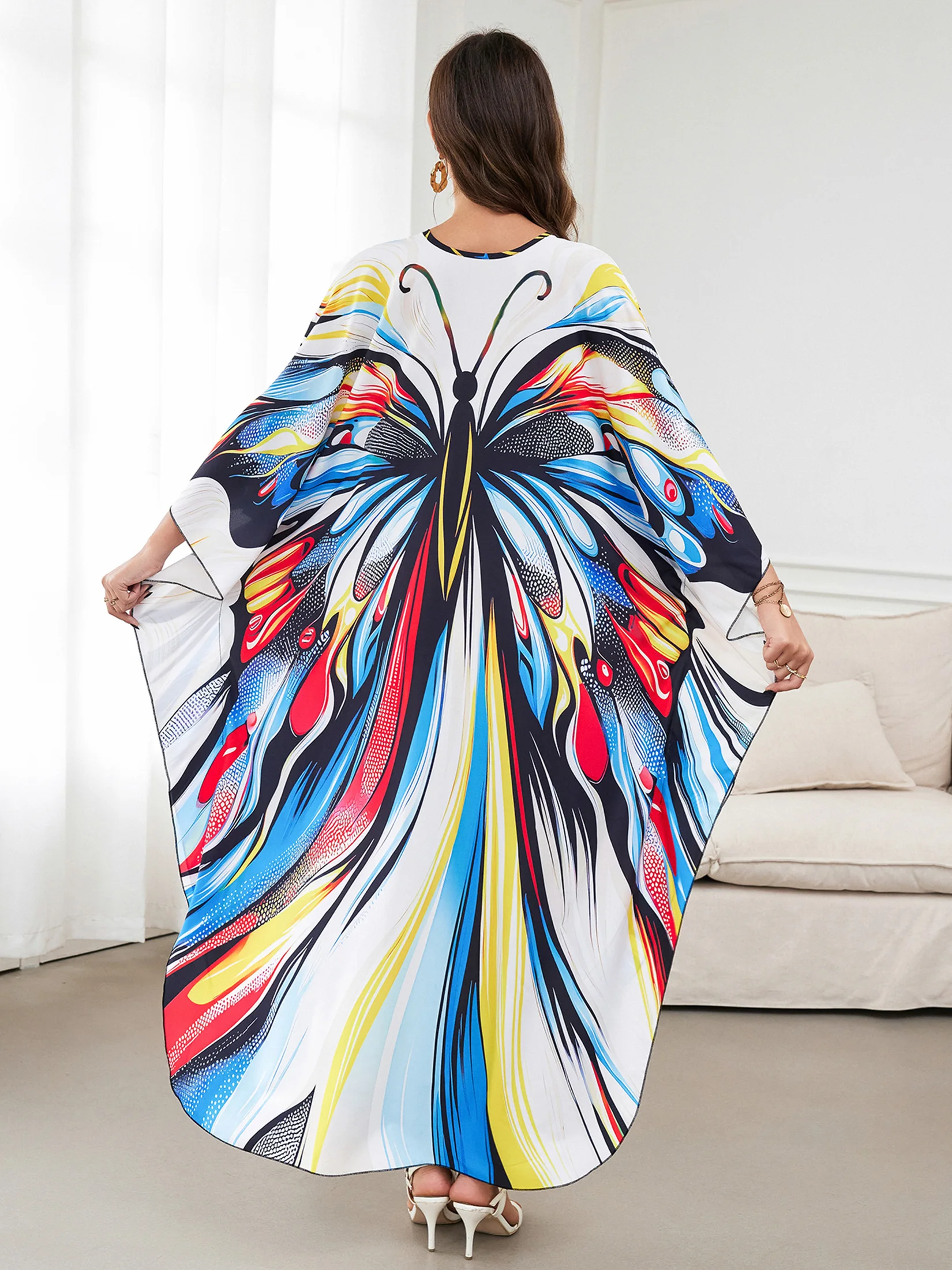 Butterfly Printed 2024 Summer Boho Plus Size Sexy V Neck Long Sleeve Side Slit Kaftan Dress Women Beach Wear Maxi Dresses Q1588