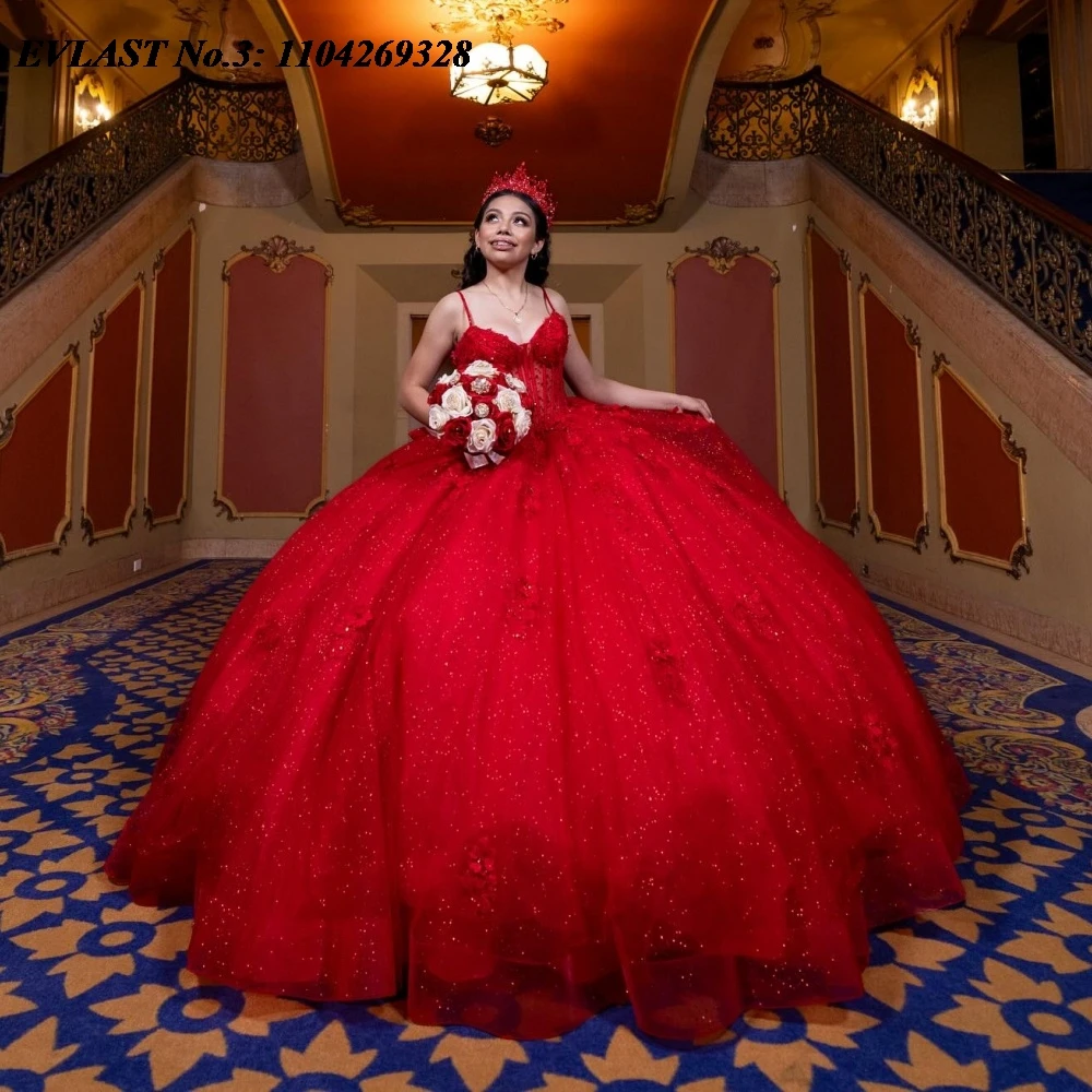 

EVLAST Красное платье Quinceanera по индивидуальному заказу 2025 года, бальное платье с кружевной аппликацией и бисером, с бантом, спагетти, Sweet 16, Vestidos De 15 Anos E3Q659