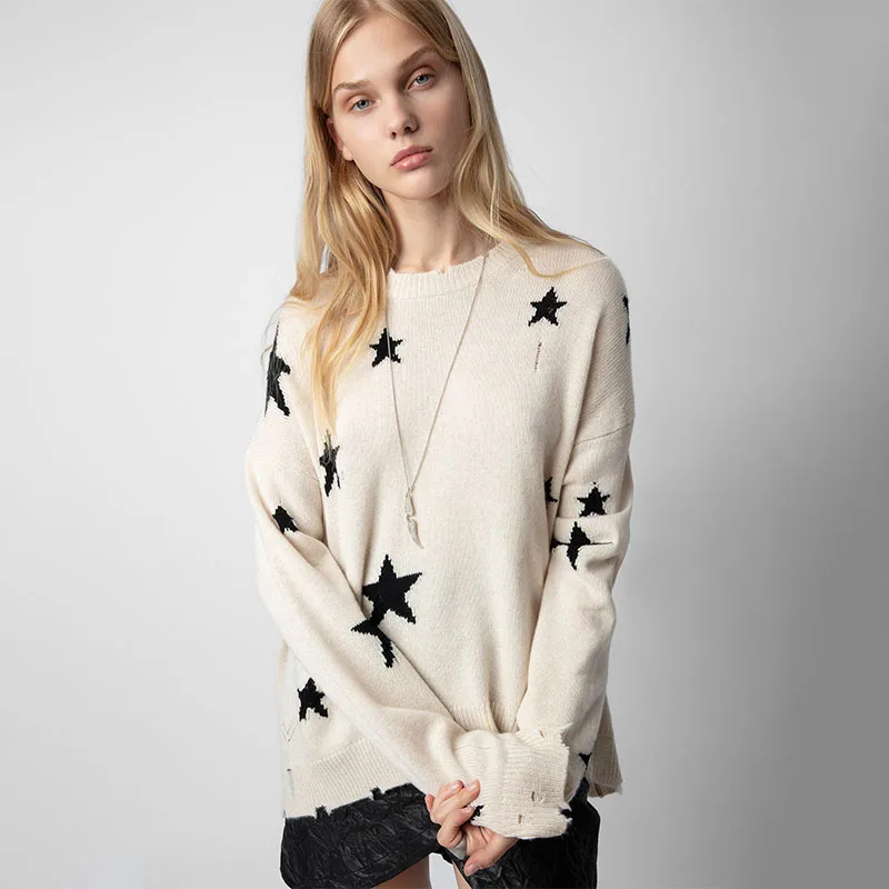 Zadig Women Sweaters Casual Beige Long Sleeve Sweaters Tops Female Crew Neck Cashmere Star Stylish Ripped Edges Pullover Top