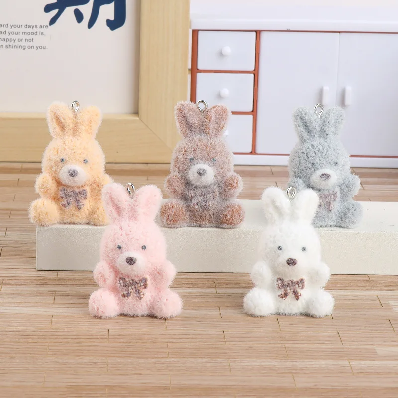20pcs Cartoon flocked resin Charms Cute Rabbit Pendant for Earring Keychain DIY Jewelry Accessories making