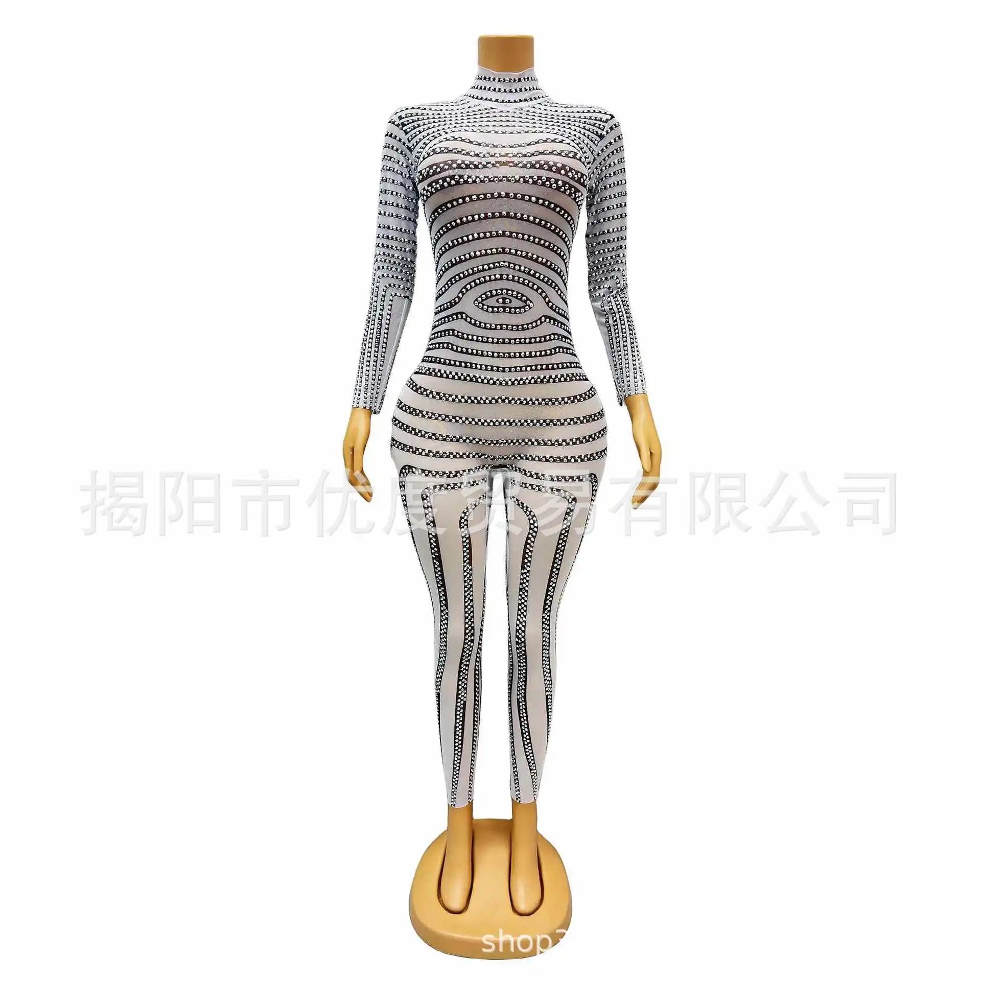 Black And White Stripes Glam Slim Mesh Rhinestone Singer Night Reception Party Jumpsuit Performance Zebra Pants Dress Festa Luxo