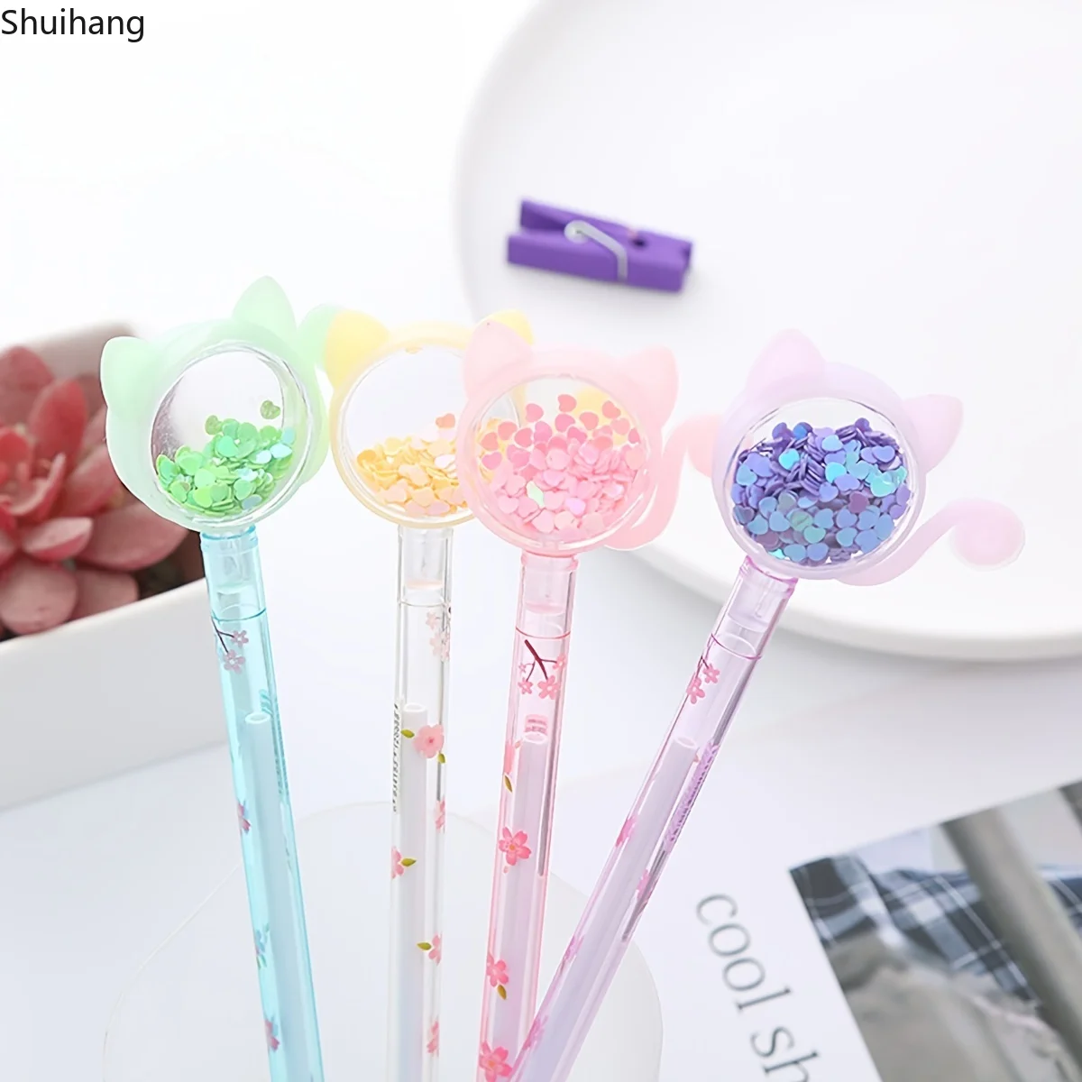 

4pcs Set Cute Cat Gel Pens - Creative Office Stationery for Students - Sequin Kittens & 0.5 Black Water-based Signature Pens