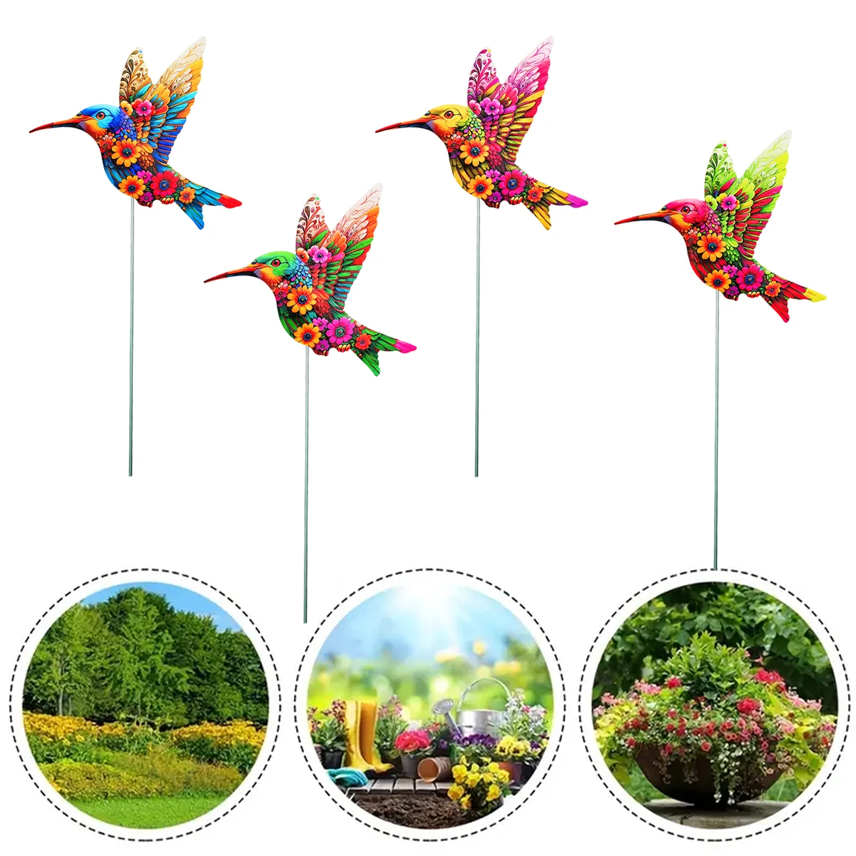 

4PCS/Set Metal Hummingbird Stakes Art Sculptures Outdoor Durable Iron Ornaments Garden & Home Decor Yard Lawn Patio Garden Decor