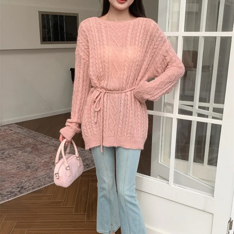 

Knitted Pullovers Sweaters Women Solid Jumpers Cut Out Lace Up Round Neck Waist Cinched Long Sleeves Loose Casual 2025 Spring