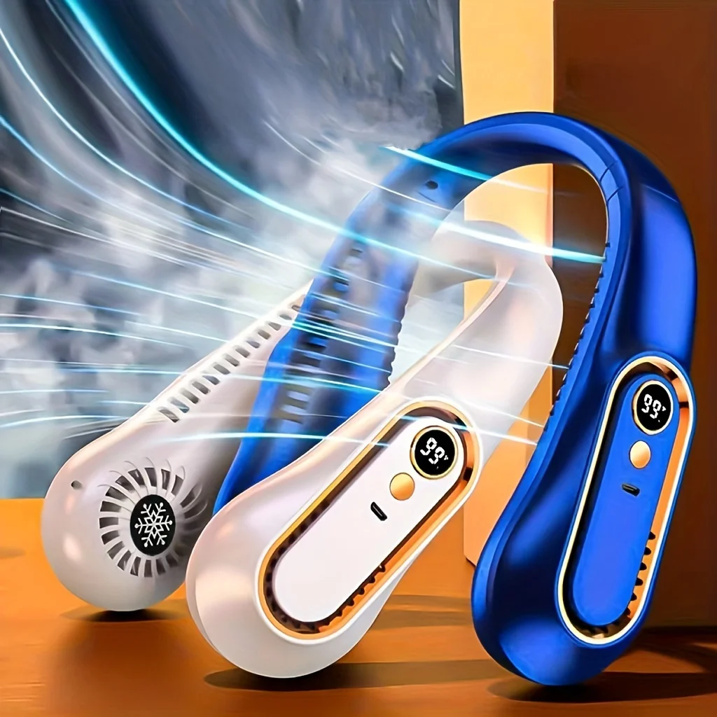 1 قطعة، مروحة رقبة محمولة، قابلة لإعادة الشحن عبر USB، مروحة صغيرة شخصية مع شاشة رقمية، 18.2 سم * 7.24 سم، قابلة للتعديل، تبريد ثلج فائق،