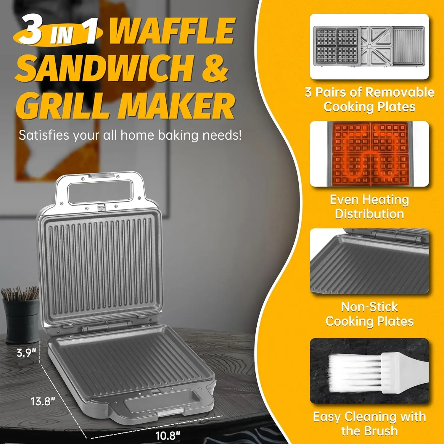 Panini Grill Press Breakfast Sandwich Maker 3 in 1, Electric Griddle Panini Press, Grilled Cheese Maker, Sandwichera Electrica