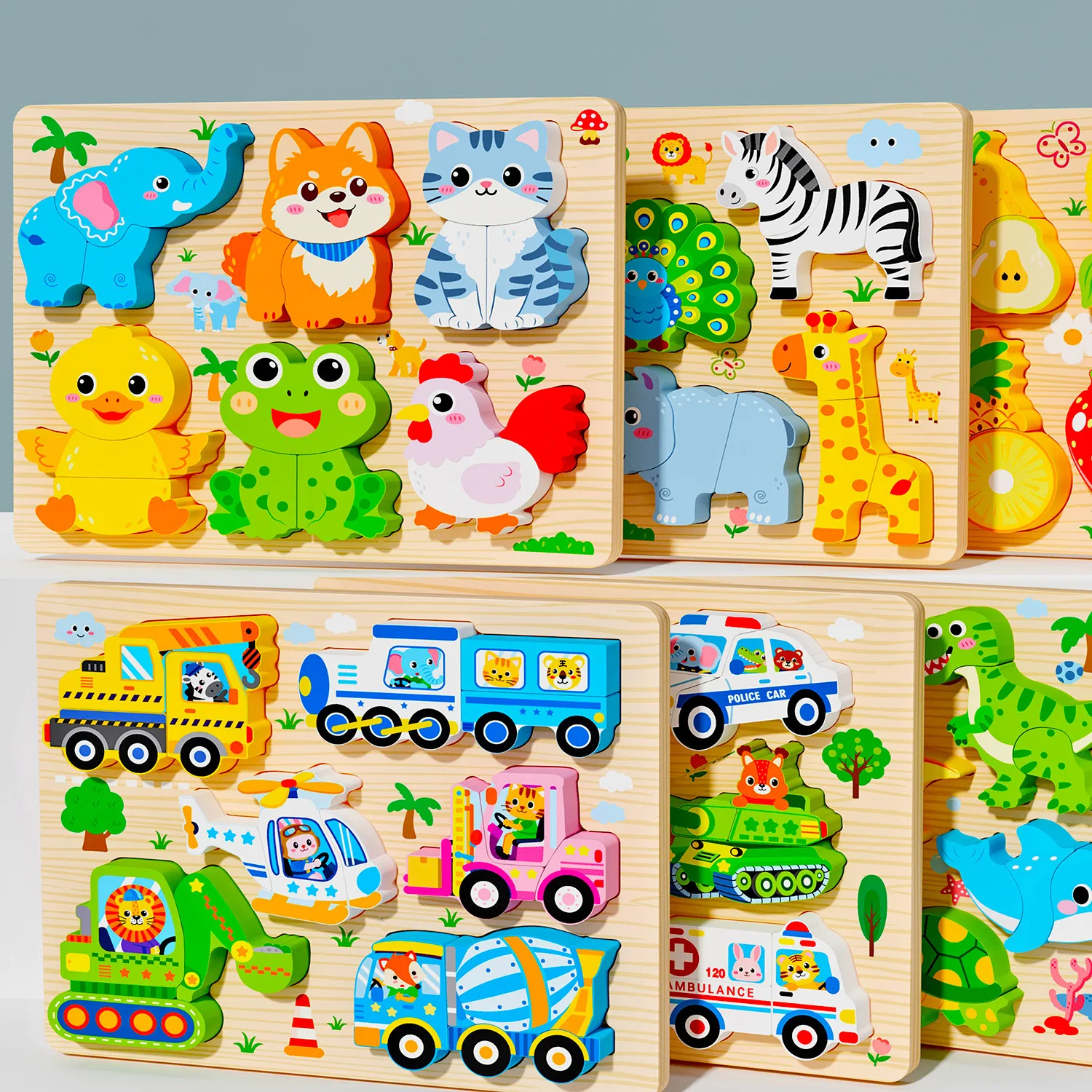 Montessori 3D Wooden Puzzle Blocks Animal Shape Matching Jigsaw Early Educational Cognitive Sensory Toy Gift for Toddlers 1-3Y