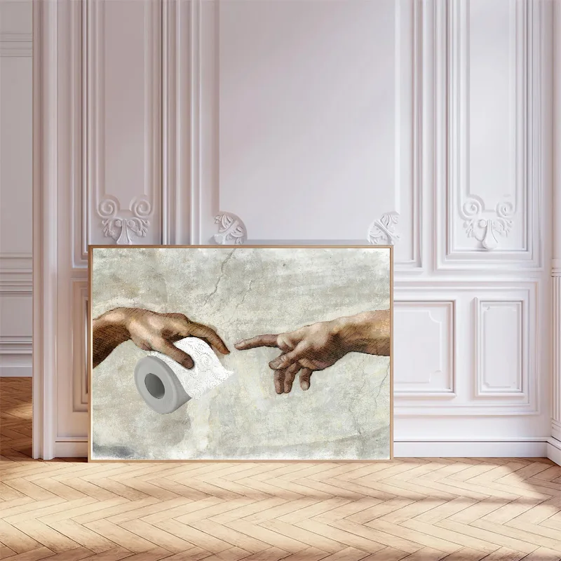 Funny The Creation of Adam Toilet Paper Canvas Wall Art Classical Painting Poster Humorous Print Bathroom Restroom Wall Decor