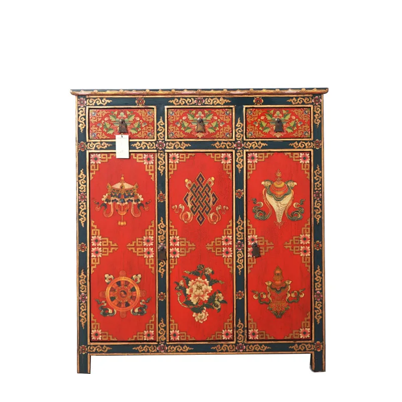 Chinese retro old eight treasure cabinet solid wood porch cabinet corridor Tibetan hand-painted dining side cabinet