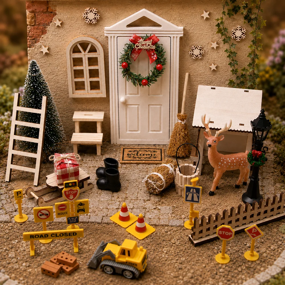 1:12 Dollhouse Miniature Garden Construction Christma Scene Accessory Road Signs Fence Barrier Lamp DIY Outdoor Landscape Model
