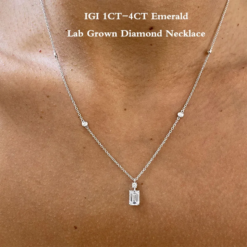 14K White Gold/925 White Silver Pendant Emerald & Round Cut CVD HPHT 1.24Ct DEF-VS Lab Grown Diamonds Setting Elongated Necklace