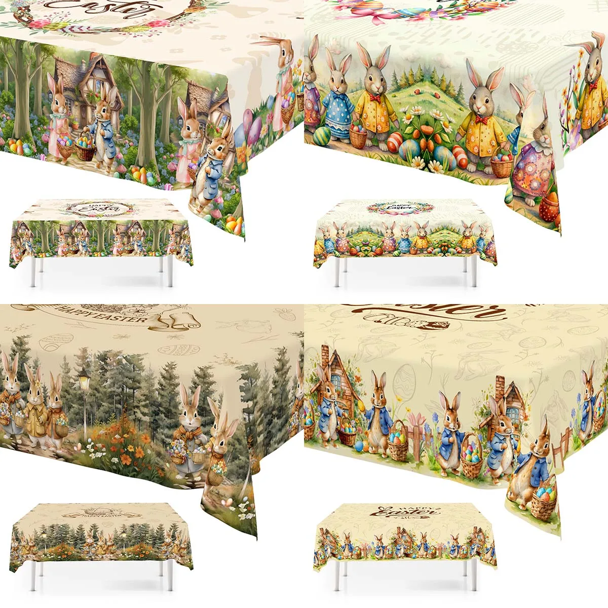 Vintage Osterhase Tischdecke Kaninchen Eier Blume Tisch Flagge Abdeckung Frohe Ostern Dekoration für Zuhause Küche Esstisch Dekor