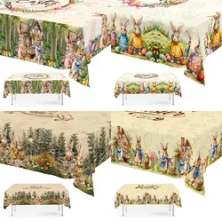 Vintage Easter Bunny Tablecloth Rabbit Eggs Flower Table Flag Cover Happy Easter Decoration For Home Kitchen Dining Table Decor