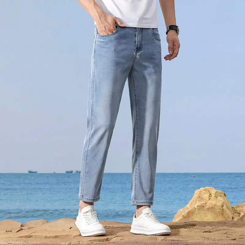 

Мужские светло-голубые джинсы из денима с эффектом потертости, прямого кроя, укороченные, для повседневной носки