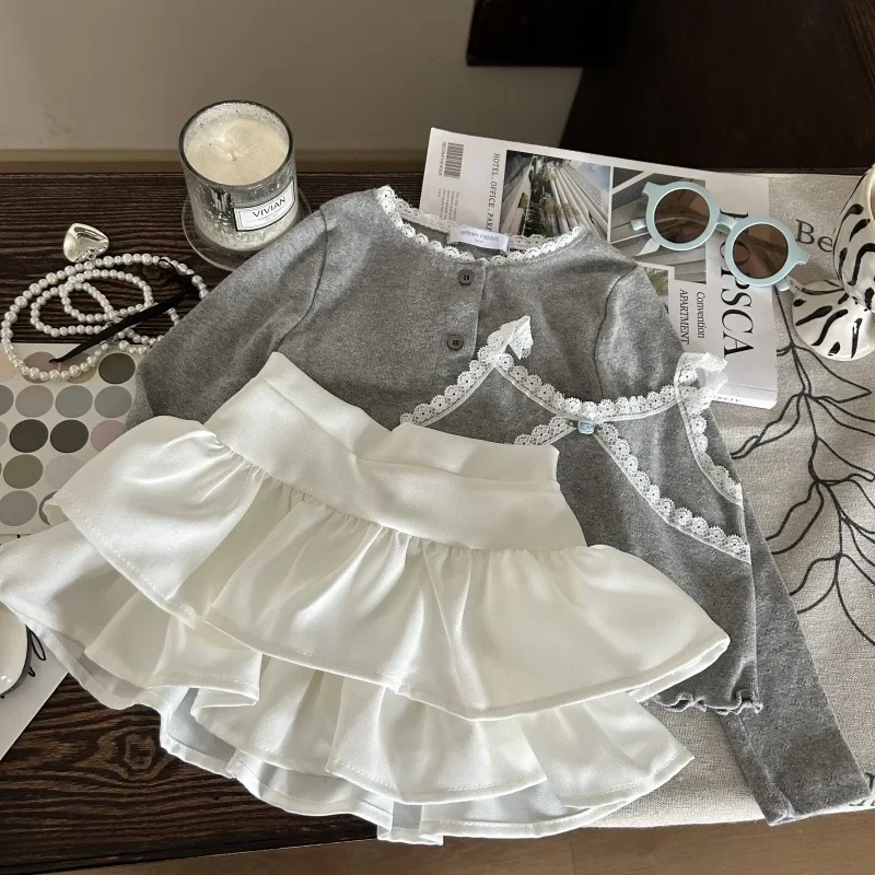 Girls Set 2026 Spring New Childrens Wear Korean Style Baby Girl Lace Halter Cardigan Culottes Three-piece Set Casual Simple