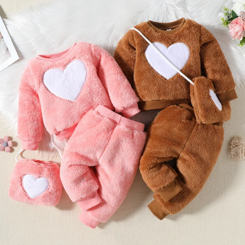 

New Baby Girlspring Autumn Valentine's Day Love Woolen Clothing Set with Bag Infant Kids Warm Thick Hoody Shirt Pants 3pcs Set