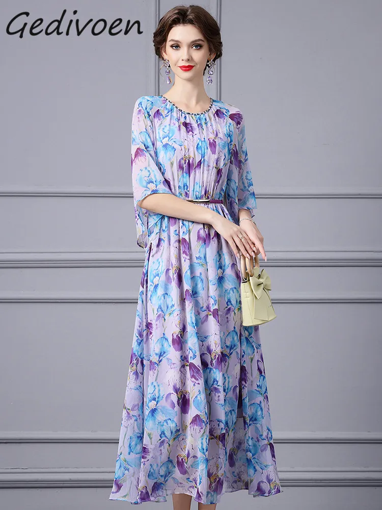 

Gedivoen Autumn Fashion Runway Elegant Floral Print Dress Women O Neck Half Sleeve Sashes Gathered Waist A-LINE Slim Long Dress