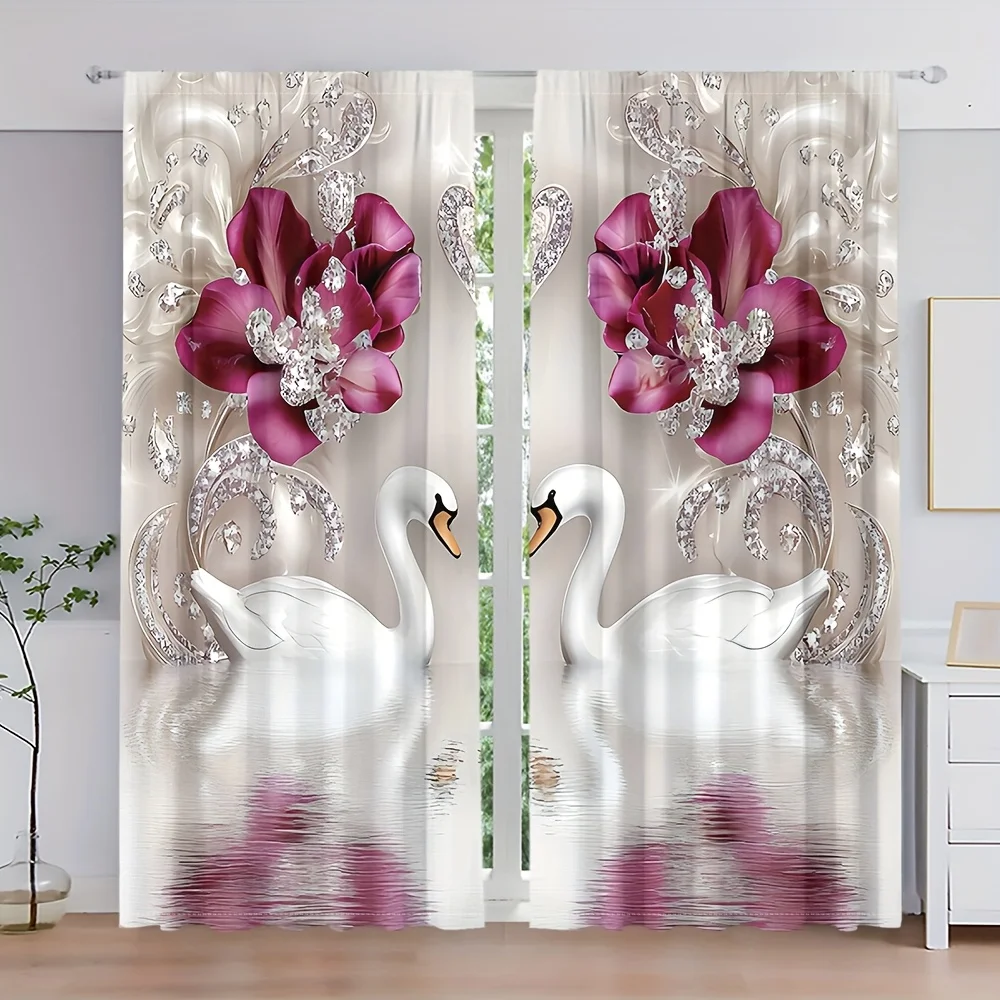 2pcs Elegant Swan and Floral Print Curtains – Ideal for Living Room Kitchen Bedroom Study Hotel and Dining Room Home Decor