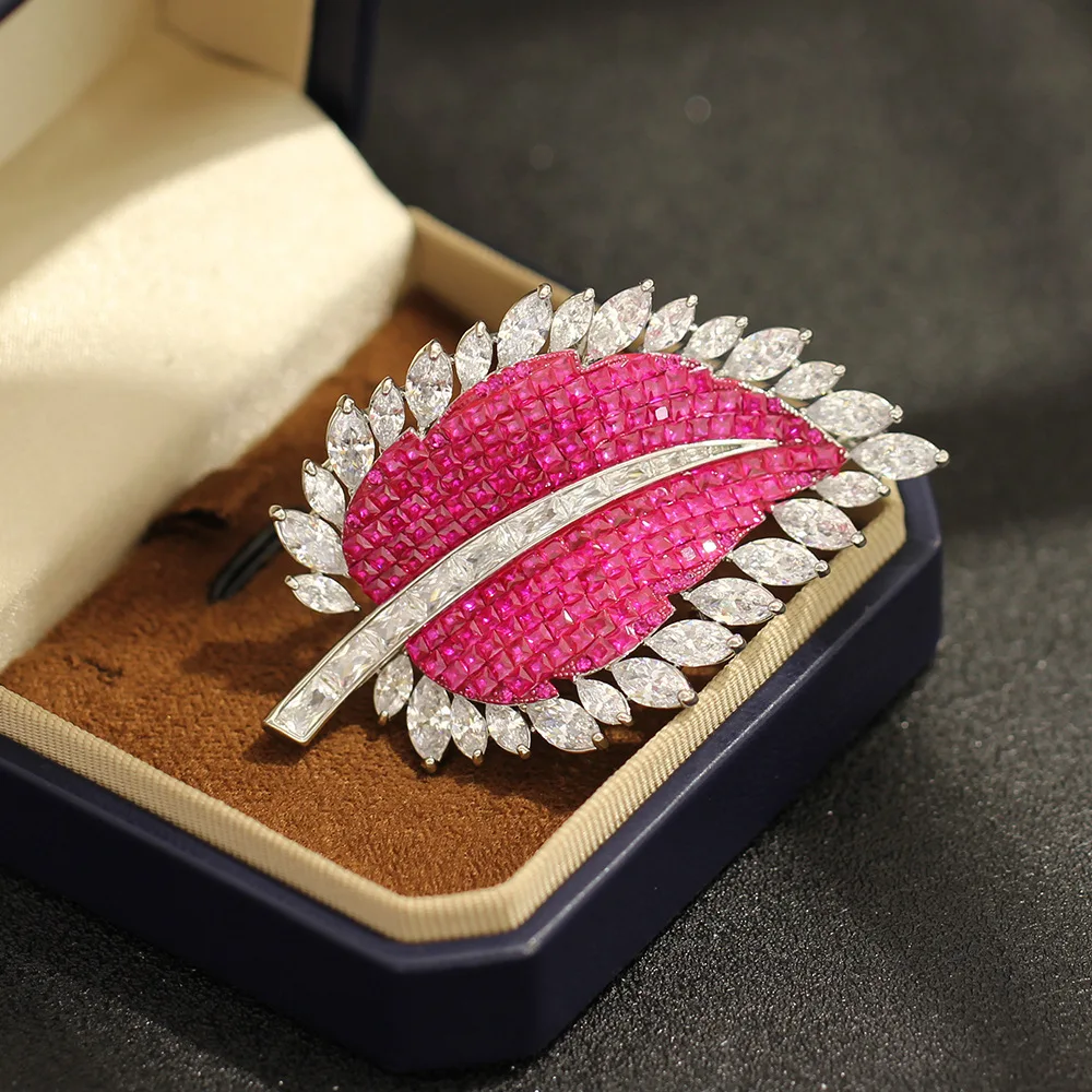 Magenta Zircon Leaf Brooch Enamel Elegant Floral Coat Suit Evening Pin