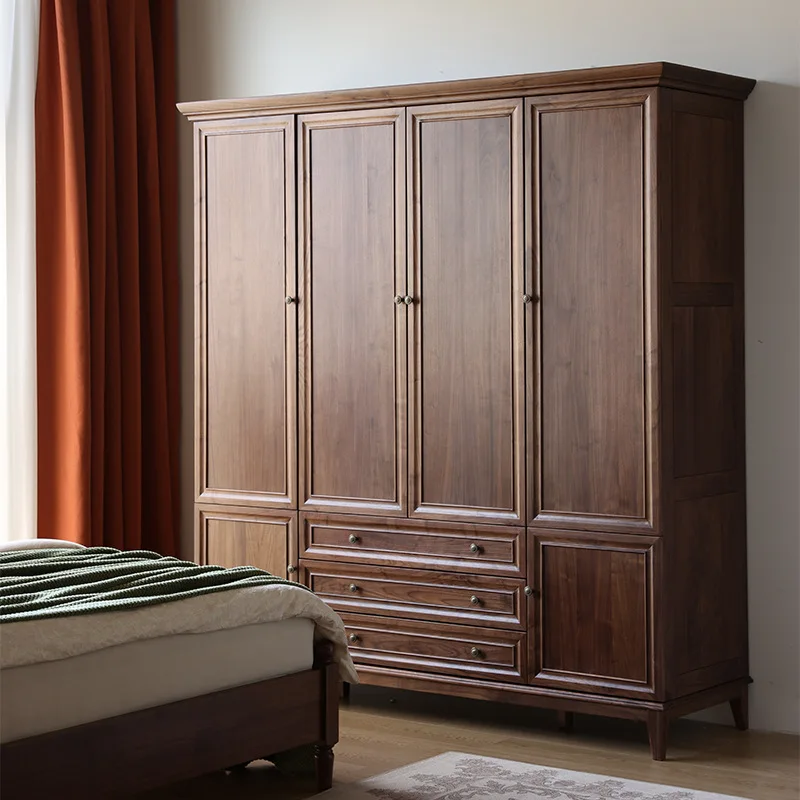 Black walnut all solid wood wardrobe American log locker cloakroom bedroom retro storage cabinet
