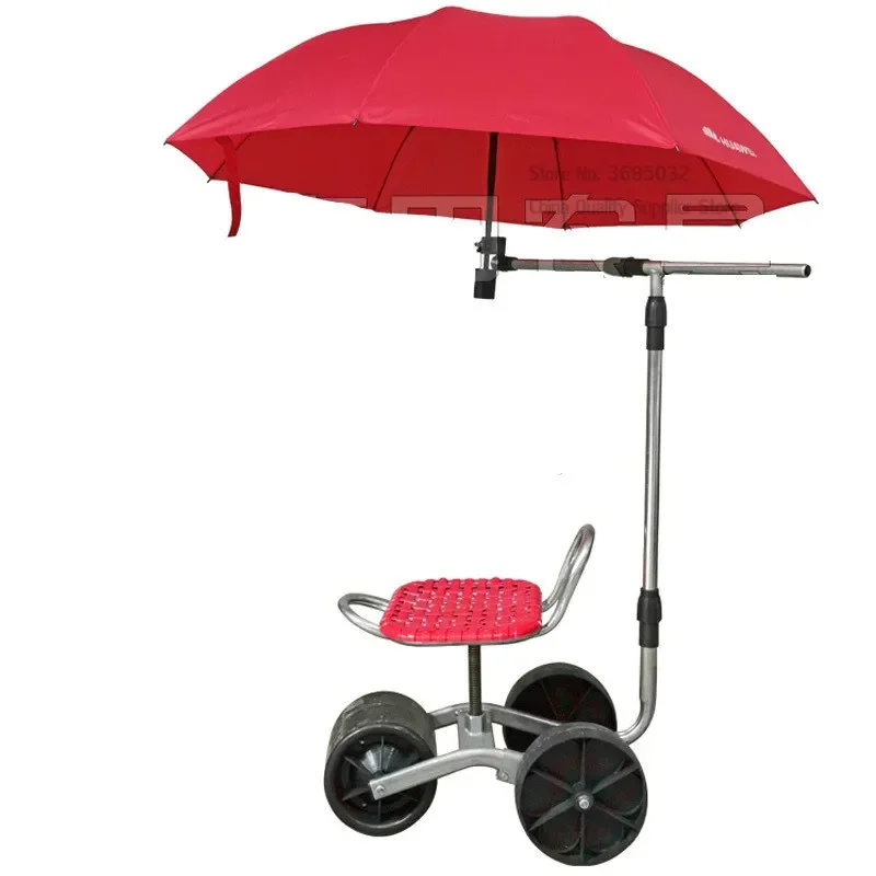 Garden Cart Tool Planting Picking Stool, Rolling Work Seat with Umbrella Bracket, Garden Cart Moving Work Chair