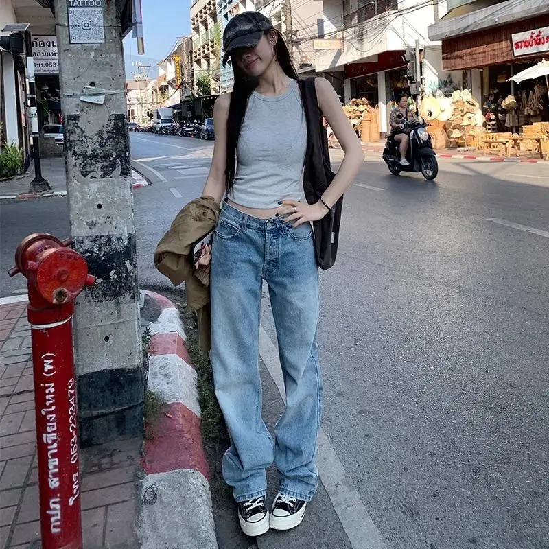 Light Blue Straight-leg Jeans Children Spring and Summer American Spice Girls High-waisted Versatile, Thin and Tall Loose Pants