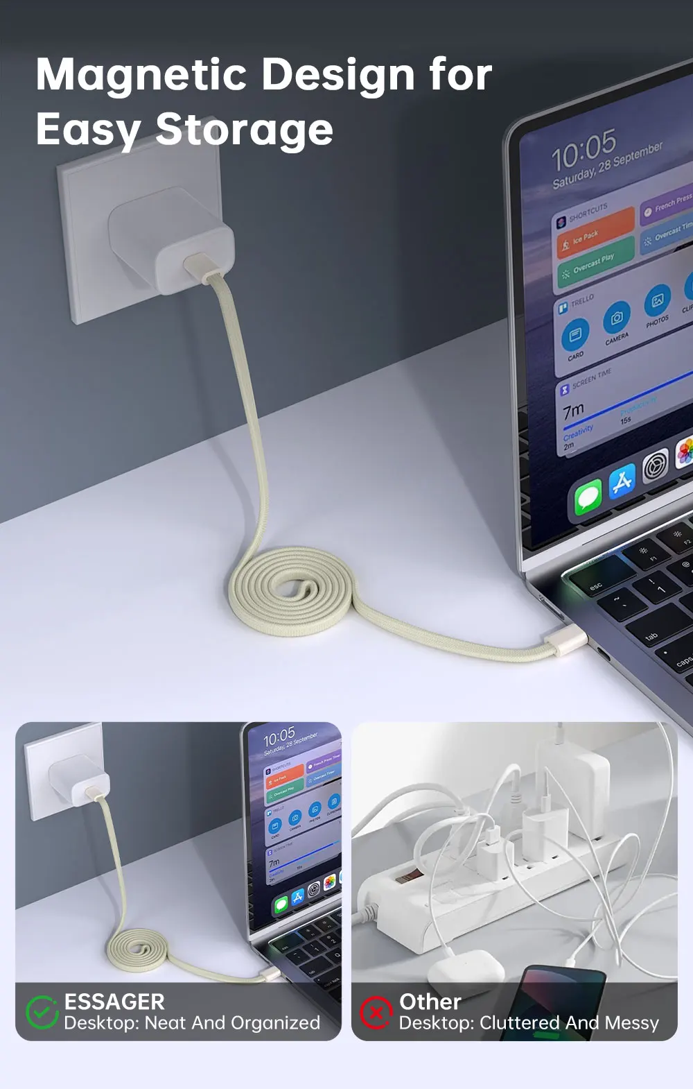 PD 100W USB-C zu Typ-C Schnellladekabel mit magnetischer Befestigung, verwicklungssicher, 480Mbps Datenübertragung, flaches Kabel für iPhone 15 16 17 Mac – Detail 5