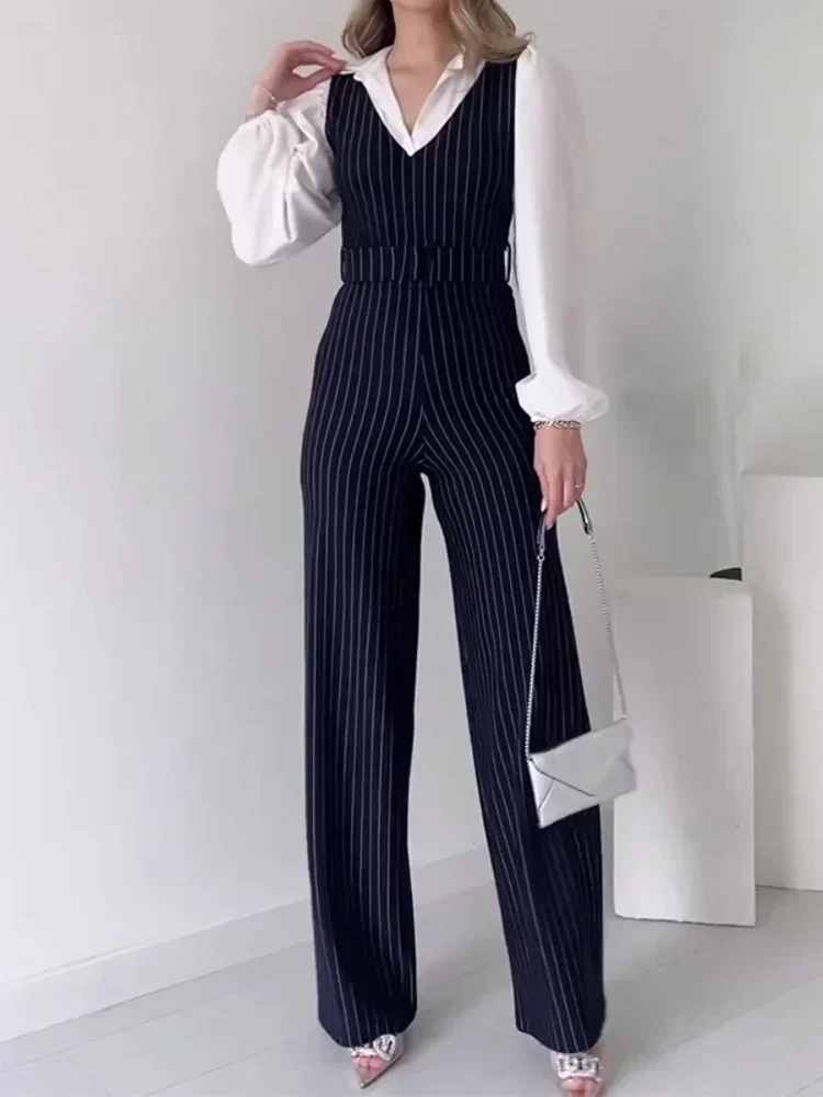 Temperament Commuter Women\'s Splicing Fake Two Piece Jumpsuit Shirt Neck Stripe Color Collision High Waist Straight Female Pants