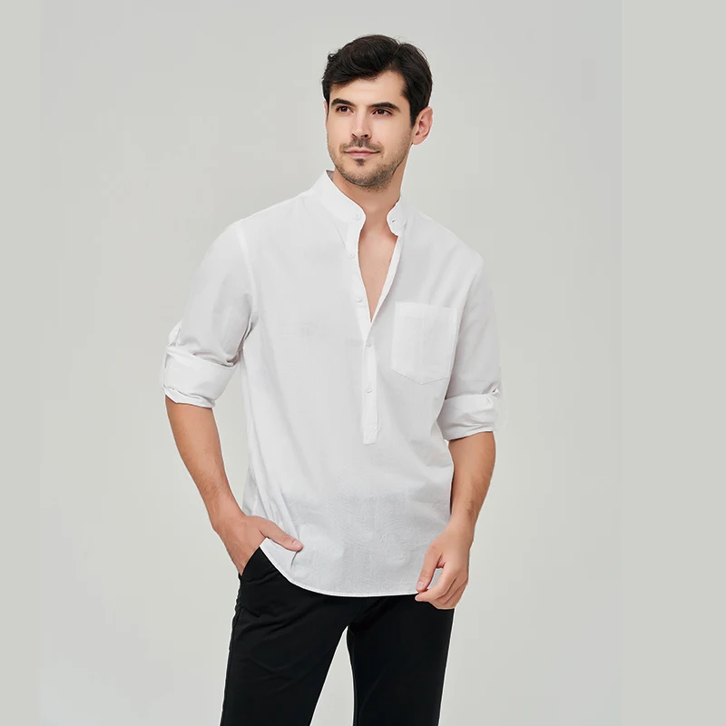 New Men's Shirt Long Sleeve Pure Cotton Henry Shirt Streetwear Loose Solid Casual Shirt Men Clothing Camisas Masculinas A2HM7