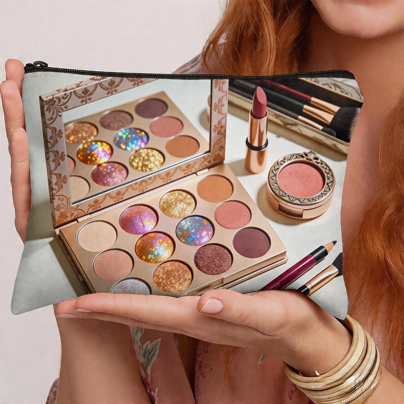 Makeup Bag with Eyeshadow Palette Lipstick Cosmetics Print, Portable Travel Organizer Women's clothing
