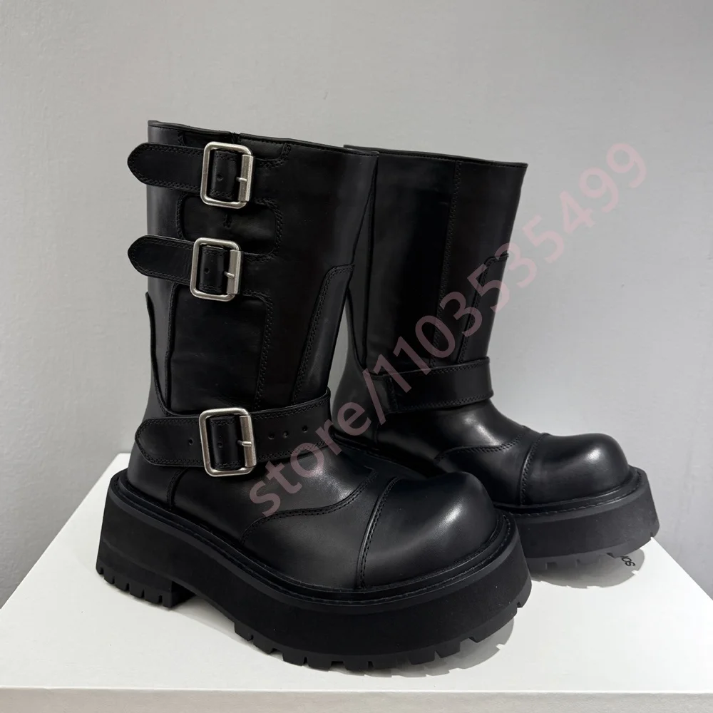 Thick Sole Black Belt Buckle Knight Boots 2026 Spring New Round Toe Chunky Heel Ankle Boots Street Fashion Women's Casual Boots