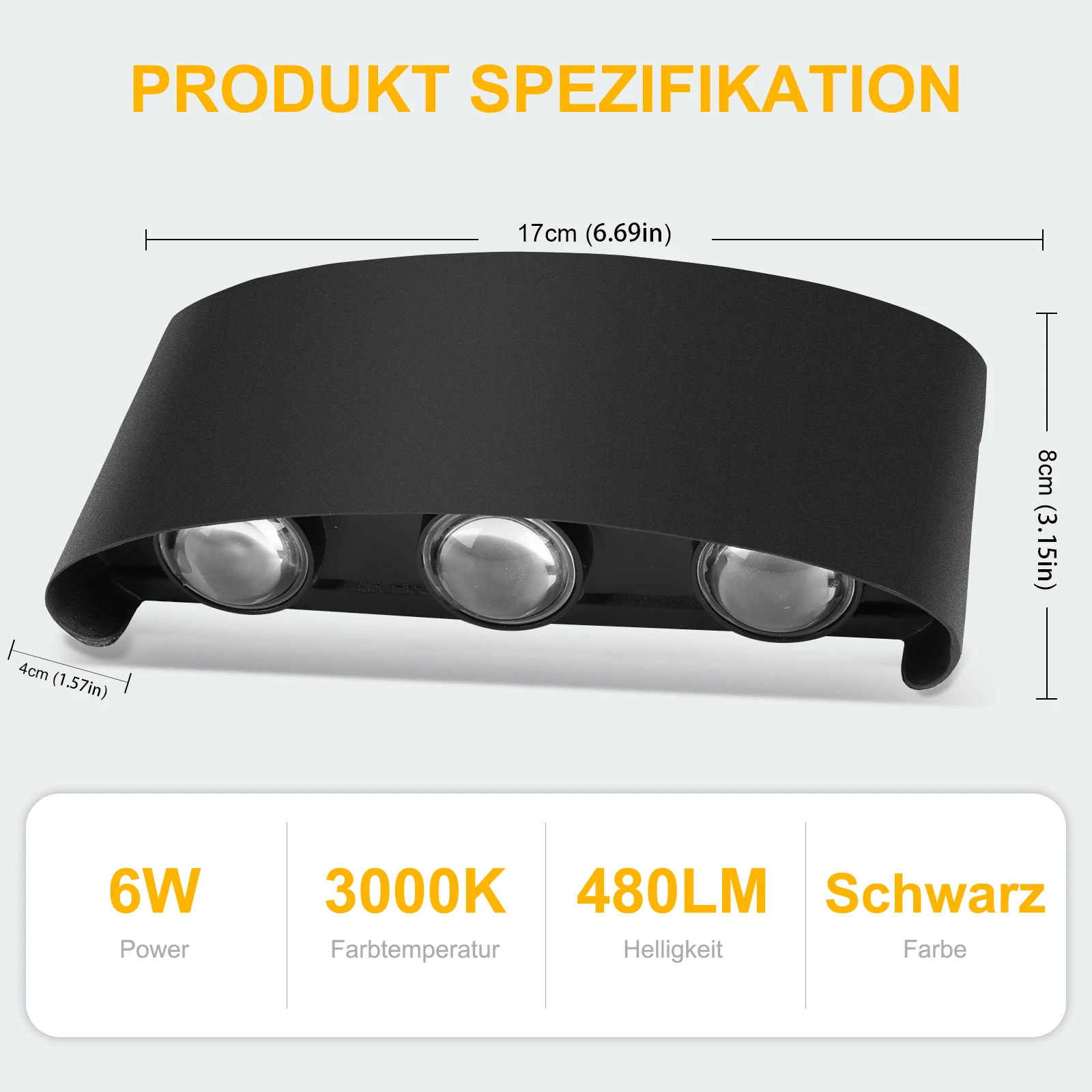Packung mit 1/2/4 LED-Wandleuchten, 6 W, IP65, 3000 K, warmweißes Aluminium, Innen- und Außenwandleuchte mit 6 Strahlen – Detail 3