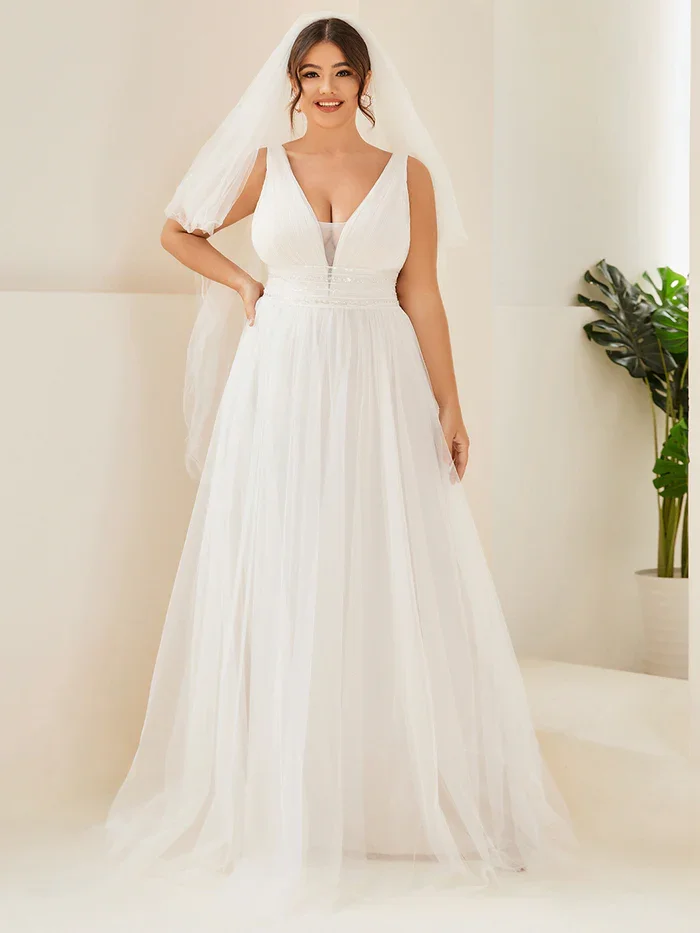 Ever-Pretty Women'S Plus Size Vintage  Extra Long  A-Line Sleeveless Double V-Neck Backless  Lace Pleated Tulle Wedding Dress