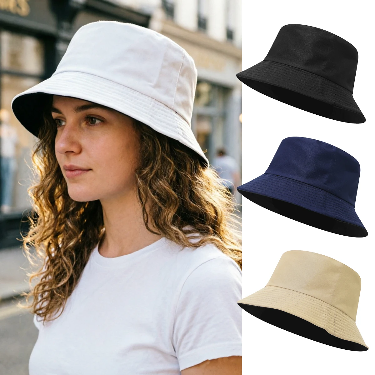 Chapéu de Balde Dobrável de Verão Unissex Feminino para Exterior com Proteção Solar, Cor Pura, para Pesca, Caça e Praia, Chapéu de Bacia Dupla Face