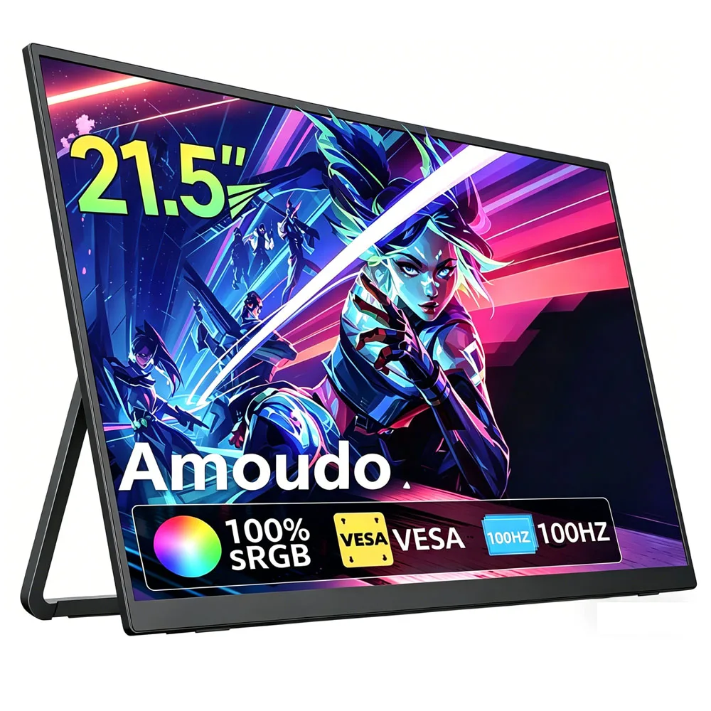 Amoudo 21,5 cala 1080P 100Hz Przenośny Monitor Kompatybilny z VESA, Szerokokątny Przenośny Monitor Dodatkowy