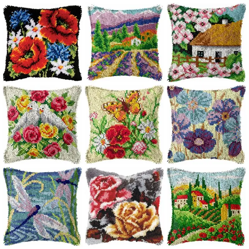 

Knot Pillow Package Latch Hook Kit Cushion Pillowcase Kussen Set For Needlework DIY Flower Natural Landscape Latch Hook Kits