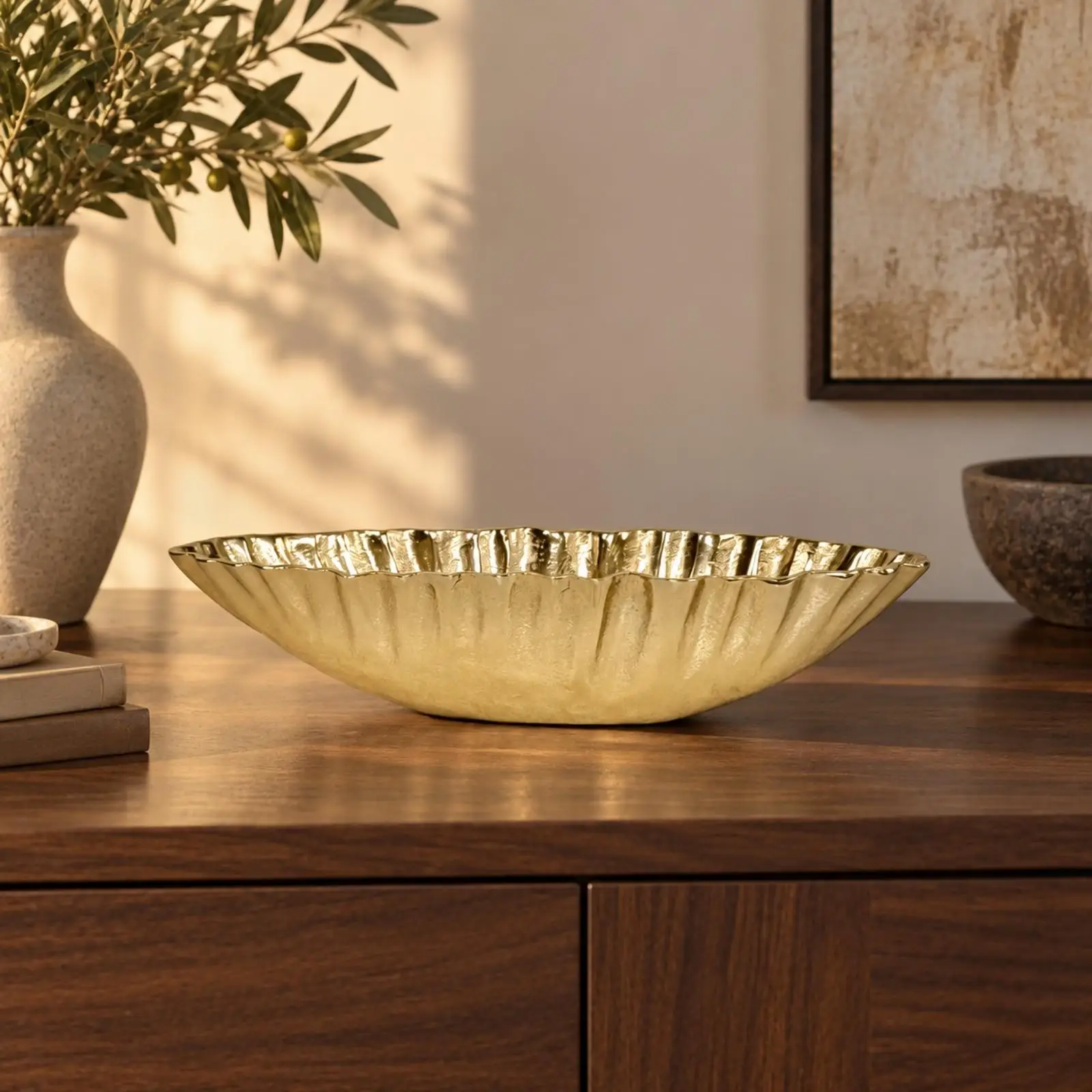 Fluted Aluminum Bowl Elegant Bowl with Wavy Rim Embossed Textured for Tabletop Decor, Contemporary Interiors