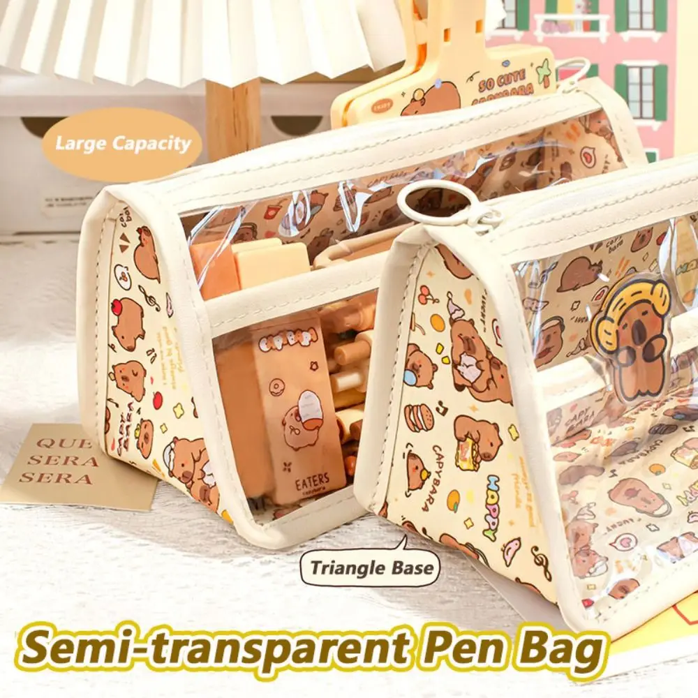 Large Capacity Capybara Pen Bag Triangle Base PVC Pencil Case Waterproof Transparent Stationery Bag Gift