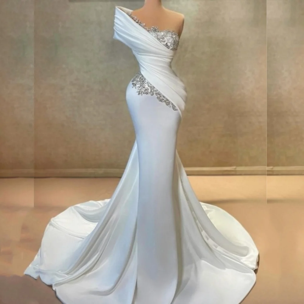 

Customized Intricate Matching Charmeuse Sequined Pleat Trumpet One-shoulder Long Dresses Bespoke Occasion Casual