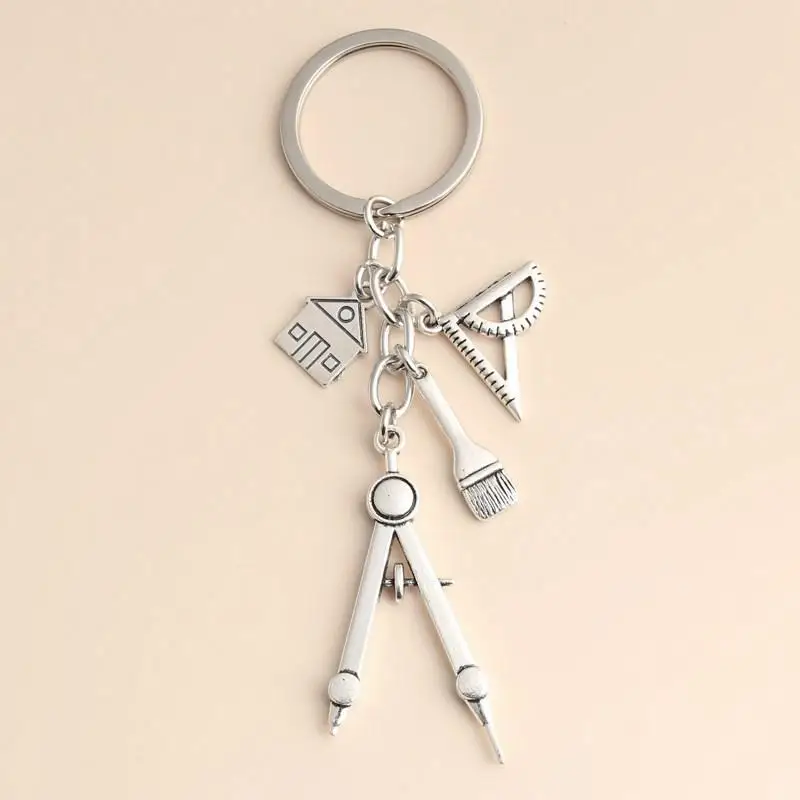 Silver Mini Triangular Ruler Painting Compass Keychain 1Pc Durable Metal for Home School Art Drawing Math Teaching Supplies