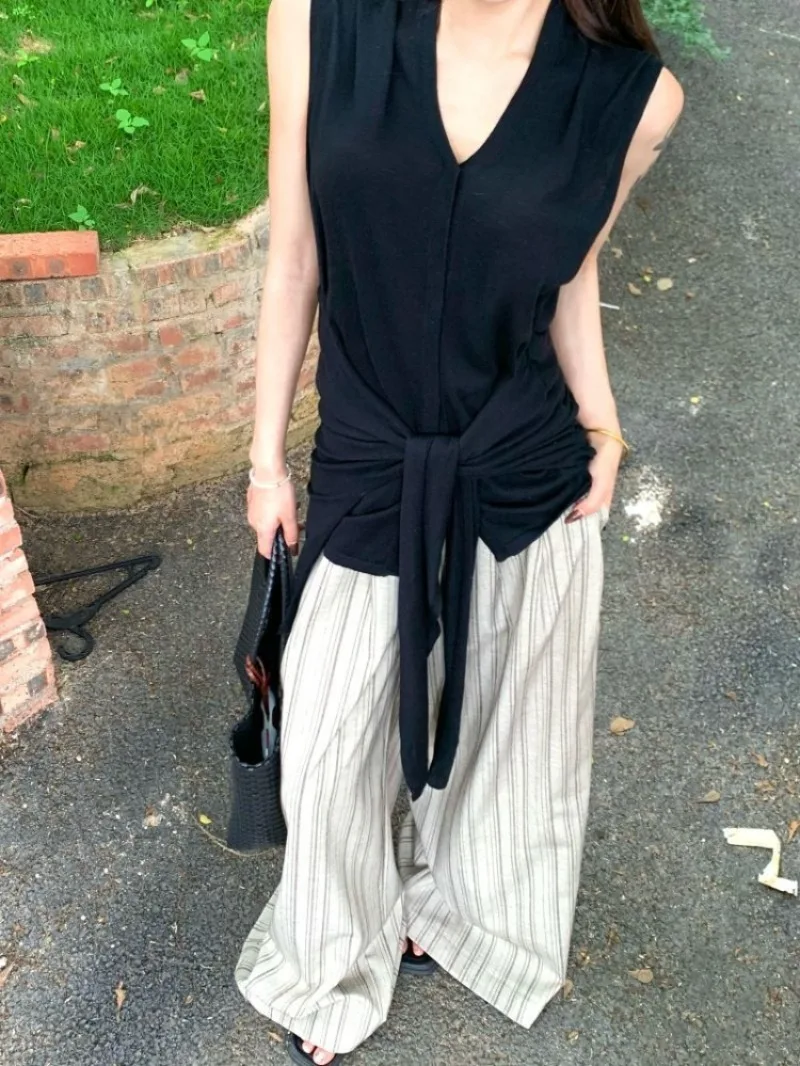 

Comfortable Fashion Women's Summer Set Black Sleeveless Tank Top Color Block Stripe Casual Long Pants Two Piece