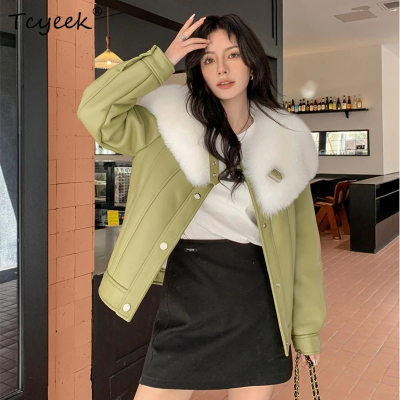 Fox Fur Collar Coat Women's 2023 Winter Short High Quality Merino Double Faced Fur Casual Warm Motorcycle Genuine Leather Jacket