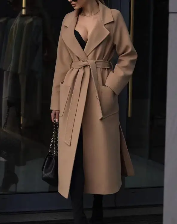 Veste en laine mi-longue avec ceinture pour femme, manteau décontracté, col cranté camel, manches longues, conception de poche, mode automne et hiver 2023