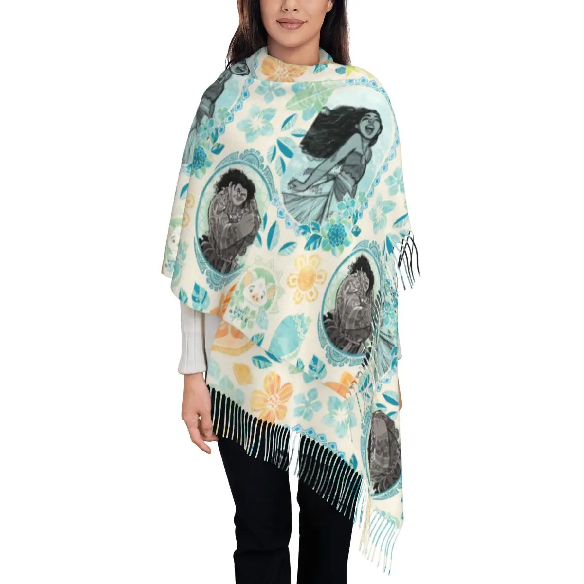 

Custom Moana Cartoon Cute Tassel Scarf Women Winter Fall Warm Shawl Wrap Lady Scarves