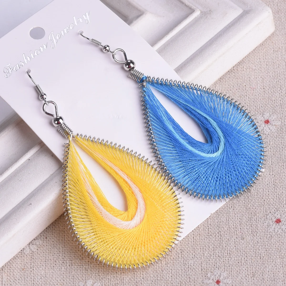 

Yellow/Blue Threaded Handmade Teardrop Shape 90mm x 45mm Ethnic Dangle Drop Hook Earrings For Women Fashion Jewelry