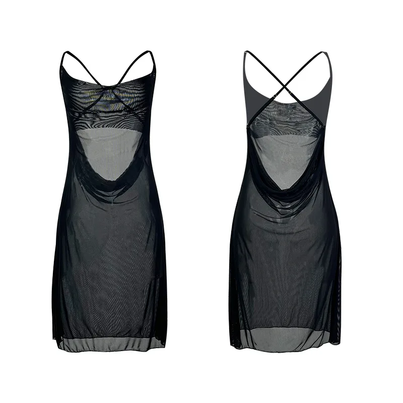 Women Black Mesh Mini Nightgown Scoop Neck Criss Cross Back Draped Sheer See Through Bodycon Spaghetti Strap Slip Dress CRY4