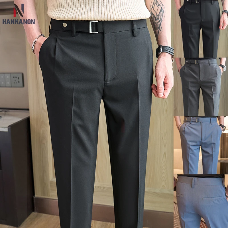 

Men's Spring and Summer Ankle-Length Pants, Men's Casual Suit Pants, with Decorative Buckle Size 28-36, Fashion City